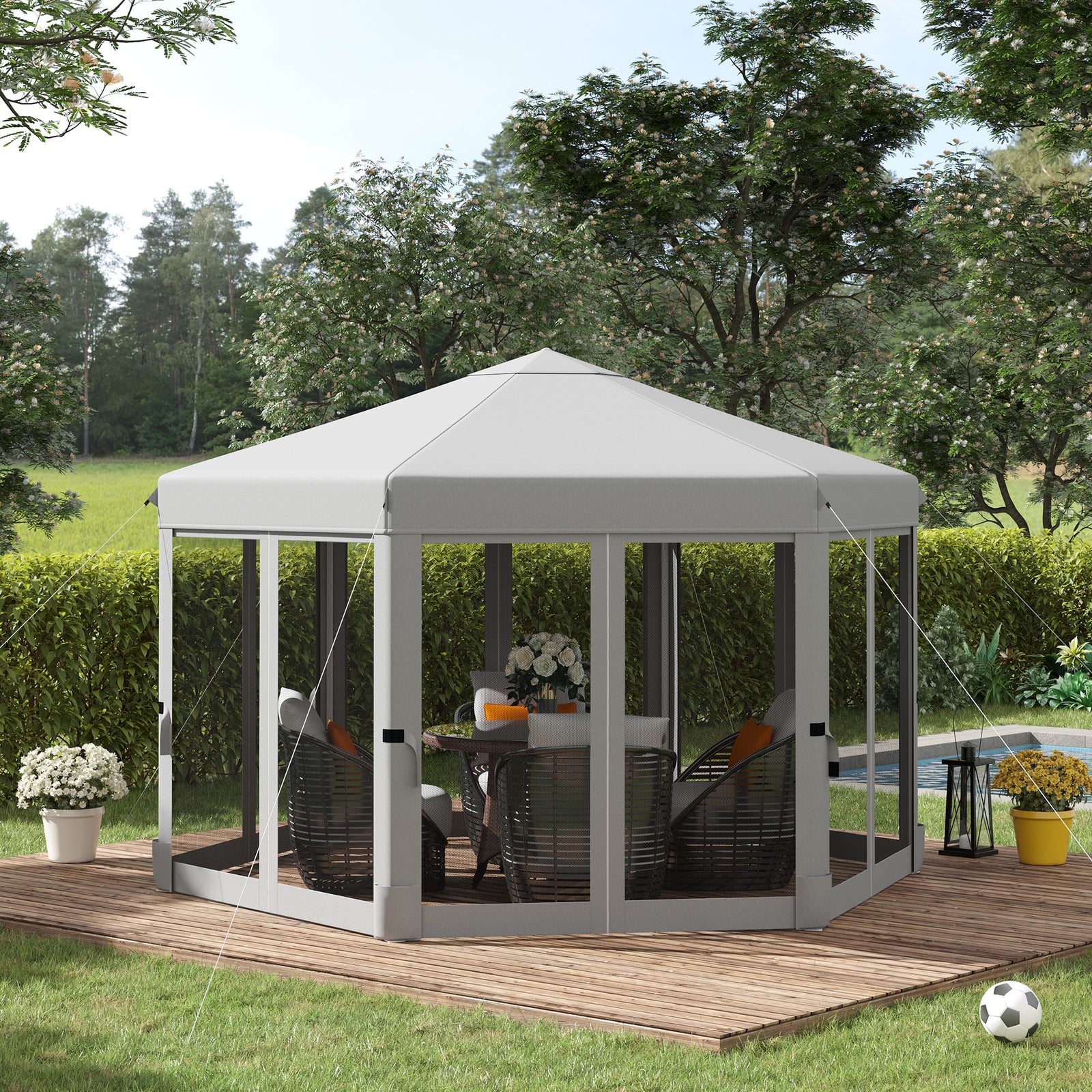 3.2m Pop Up Gazebo Hexagonal Canopy Tent Outdoor Sun Protection with Mesh Sidewalls, Handy Bag, Light Grey