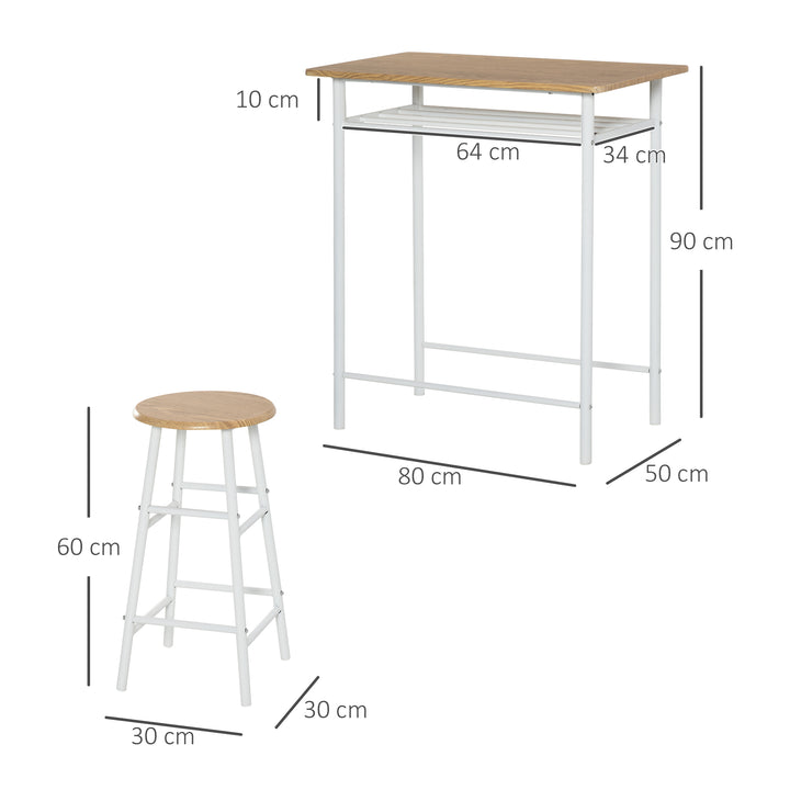 HOMCOM Bar Table and Stools w/ Metal Frame Footrest, Storage Shelf, Bar Table Set for Kitchen, Dining Room, Cafe, White & Oak | Aosom UK