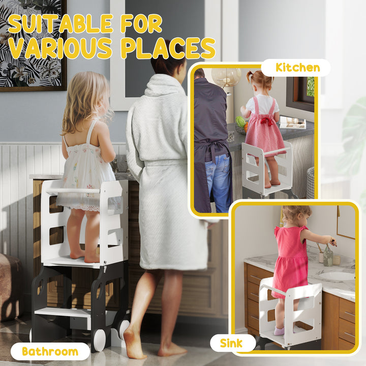 Toddler Step Stool, 4 in 1 Standing Tower, Foldable Toddler Step with Safety Rail, for Kitchen, Bathroom