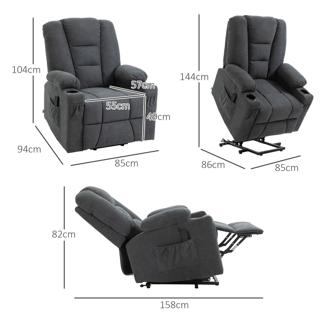 HOMCOM Oversized Riser and Recliner Chairs for the Elderly, Fabric Upholstered Lift for Living Room with Remote Control Side Pockets Cup Holder Grey