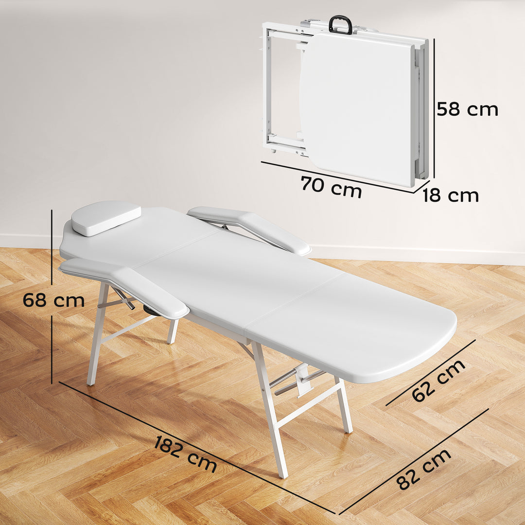 Portable Massage Table, 3 Section Adjustable Beauty Bed, Foldable Massage Bed with Face Hole, Recliner Chair with Removable Headrest and Armrests for Spa, Lash, Tattoo, White