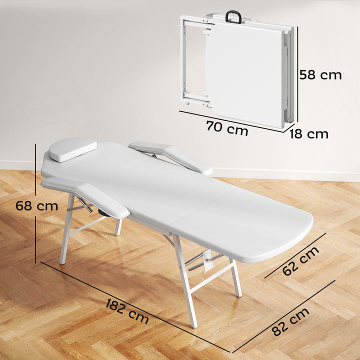 Portable Massage Table, 3 Section Adjustable Beauty Bed, Foldable Massage Bed with Face Hole, Recliner Chair with Removable Headrest and Armrests for Spa, Lash, Tattoo, White