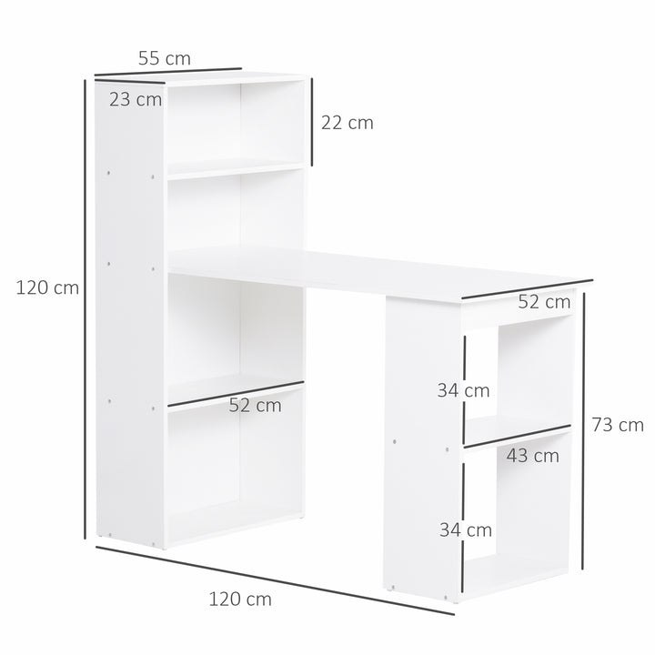 HOMCOM 120cm Modern Computer Desk Bookshelf  Writing Table Workstation PC Laptop Study Home Office 6 Shelves White | Aosom UK