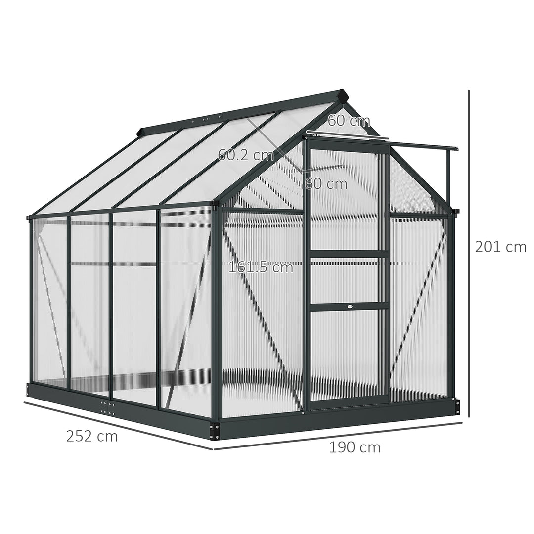 6 x 8ft Polycarbonate Greenhouse, Large Walk-In Green House with Slide Door and Window, Garden Plants Grow House with Aluminium Frame and Foundation, Grey