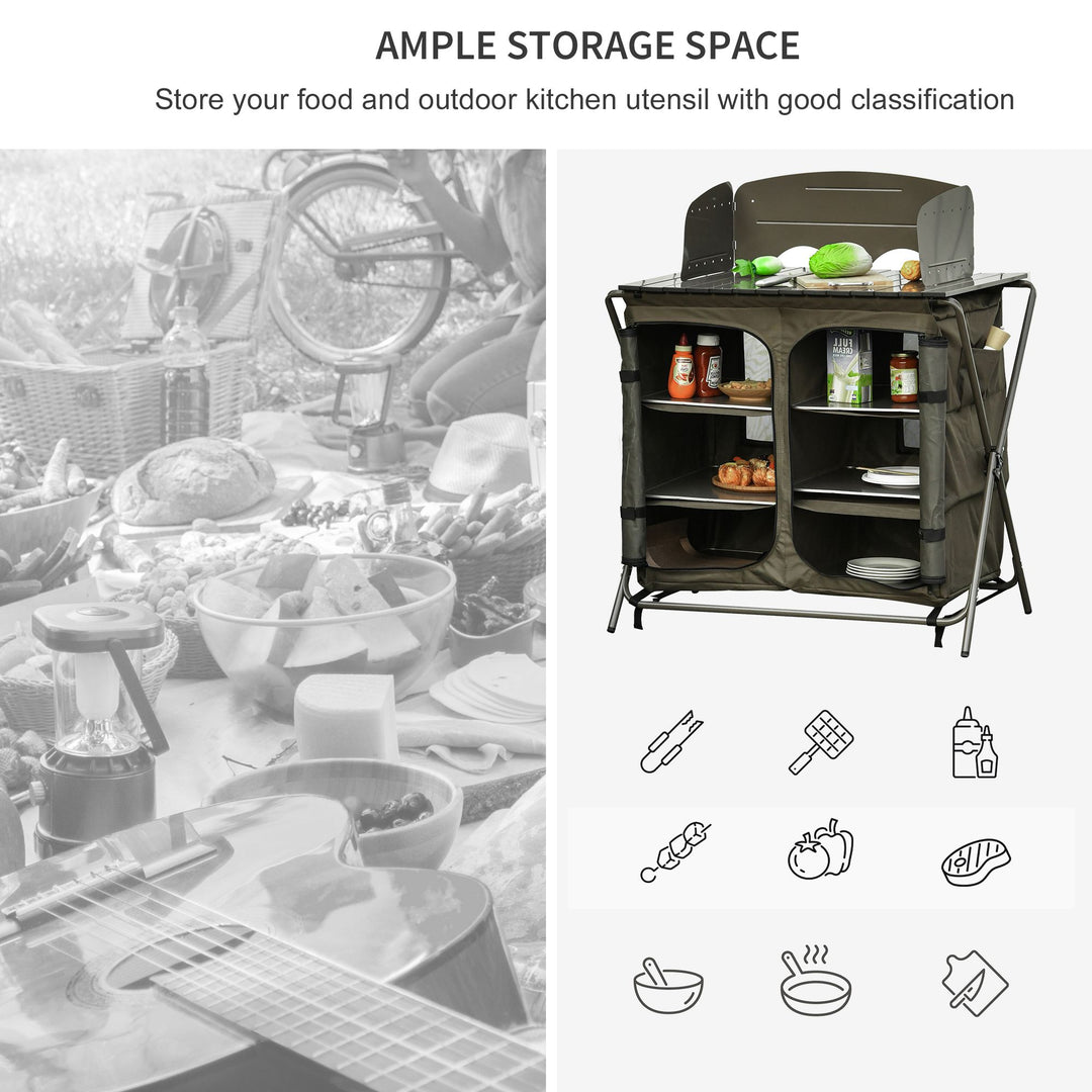 Camping Cupboard Foldable Camping Kitchen Storage Unit w/ Windshield & 6 Shelves for BBQ Party Picnics Backyards with Carrying Bag