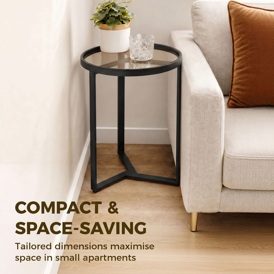 Round Side Table with Tempered Glass Top and Geometric Metal Frame for