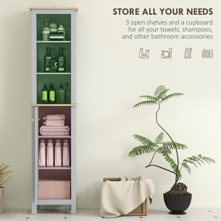 Bathroom Floor Storage Cabinet with 3 Tier Shelf and Cupboard with Door, Free Standing Linen Tower, Tall Slim Side Organizer Shelves, Grey