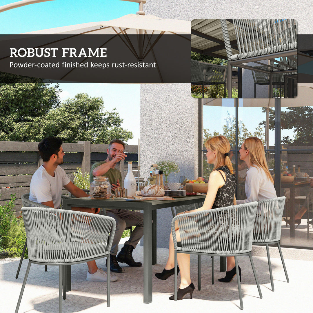 Rattan Dining Set, 6 Seater Rattan Garden Furniture Set with Acacia Wood Top Rectangle Table, 6 Chairs, Washable Seat Cushions, for Outdoor, Patio, Conservatory, Grey