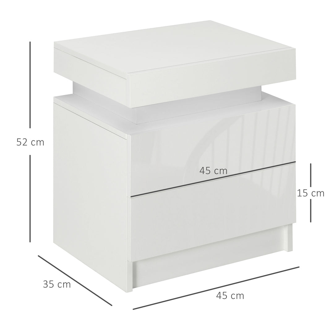 HOMCOM White Bedside Table with LED Light, High Gloss Front Nightstand with 2 Drawers, for Living Room, Bedroom