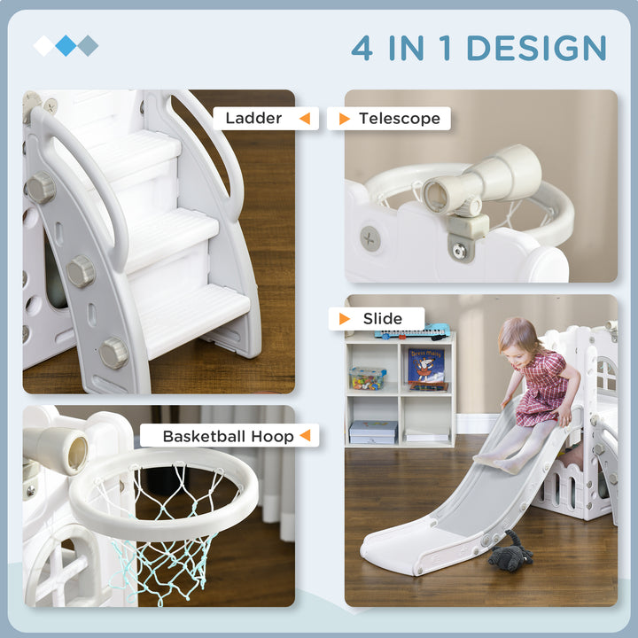 AIYAPLAY 4 in 1 Toddler Slide with Basketball Hoop, Climber, Telescope, Storage Basket, for Ages 1-3 Years, Grey