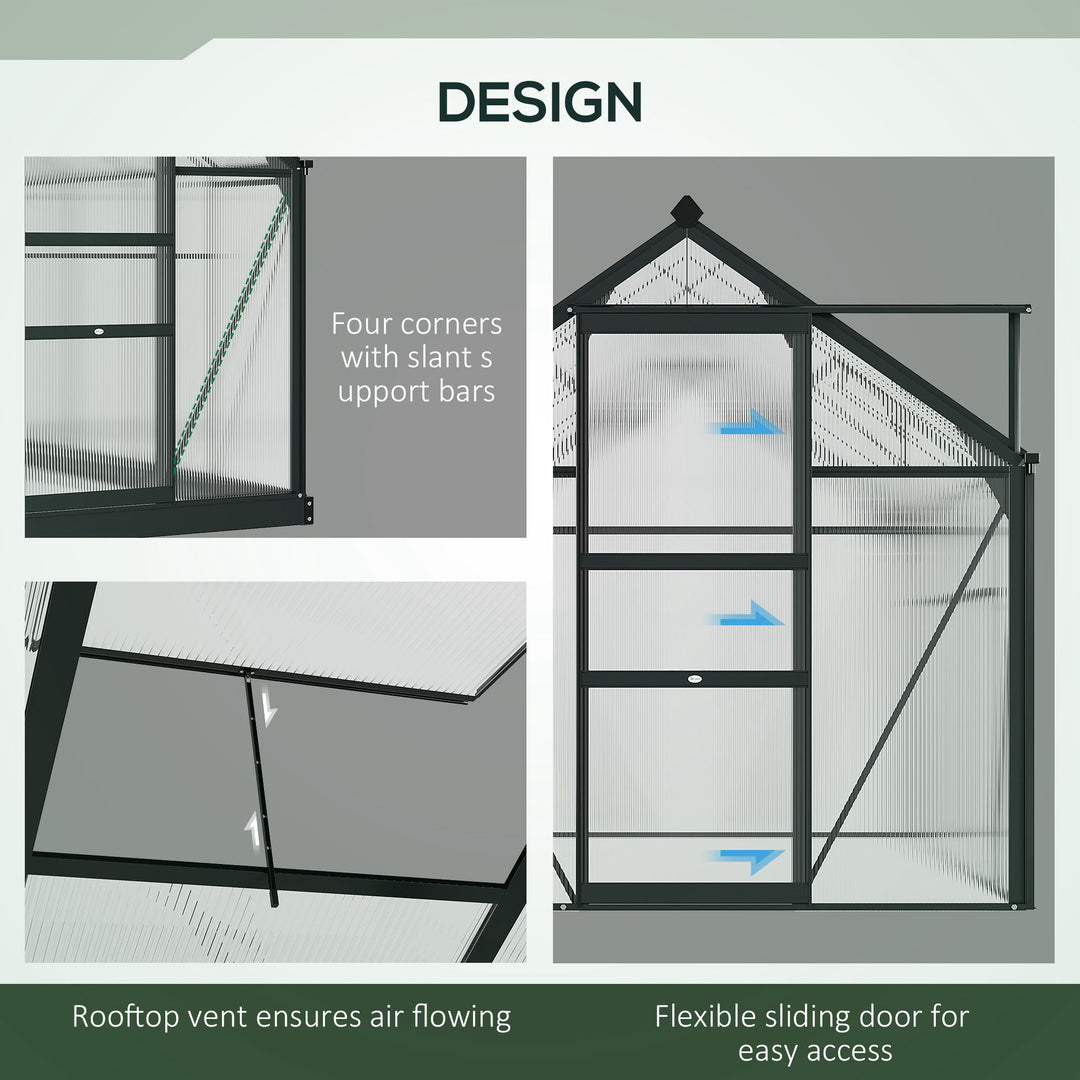 6 x 10ft Polycarbonate Greenhouse, Large Walk-In Green House with Slide Door and Window, Garden Plants Grow House with Aluminium Frame and Foundation, Grey