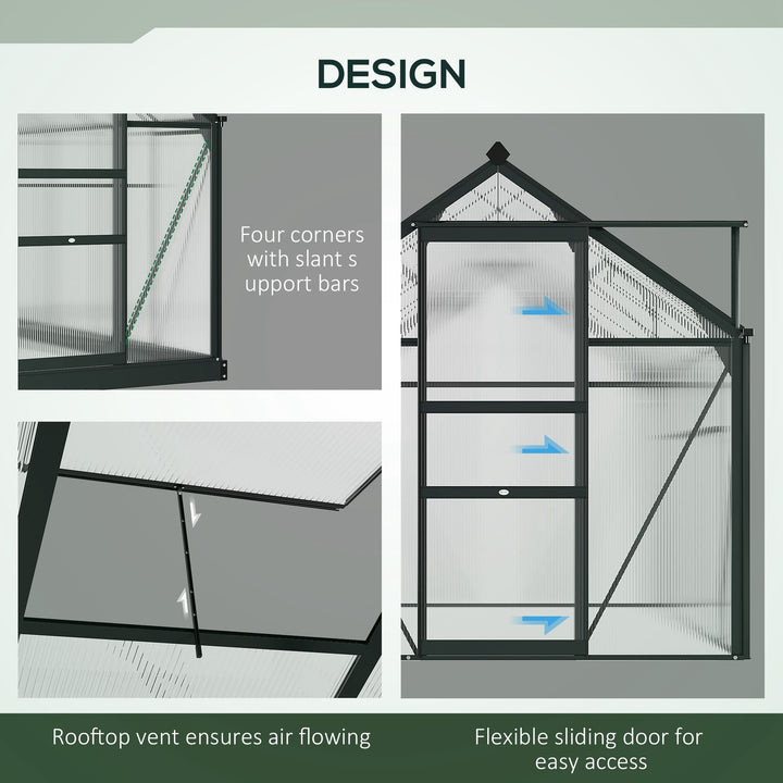 6 x 10ft Polycarbonate Greenhouse, Large Walk-In Green House with Slide Door and Window, Garden Plants Grow House with Aluminium Frame and Foundation, Grey