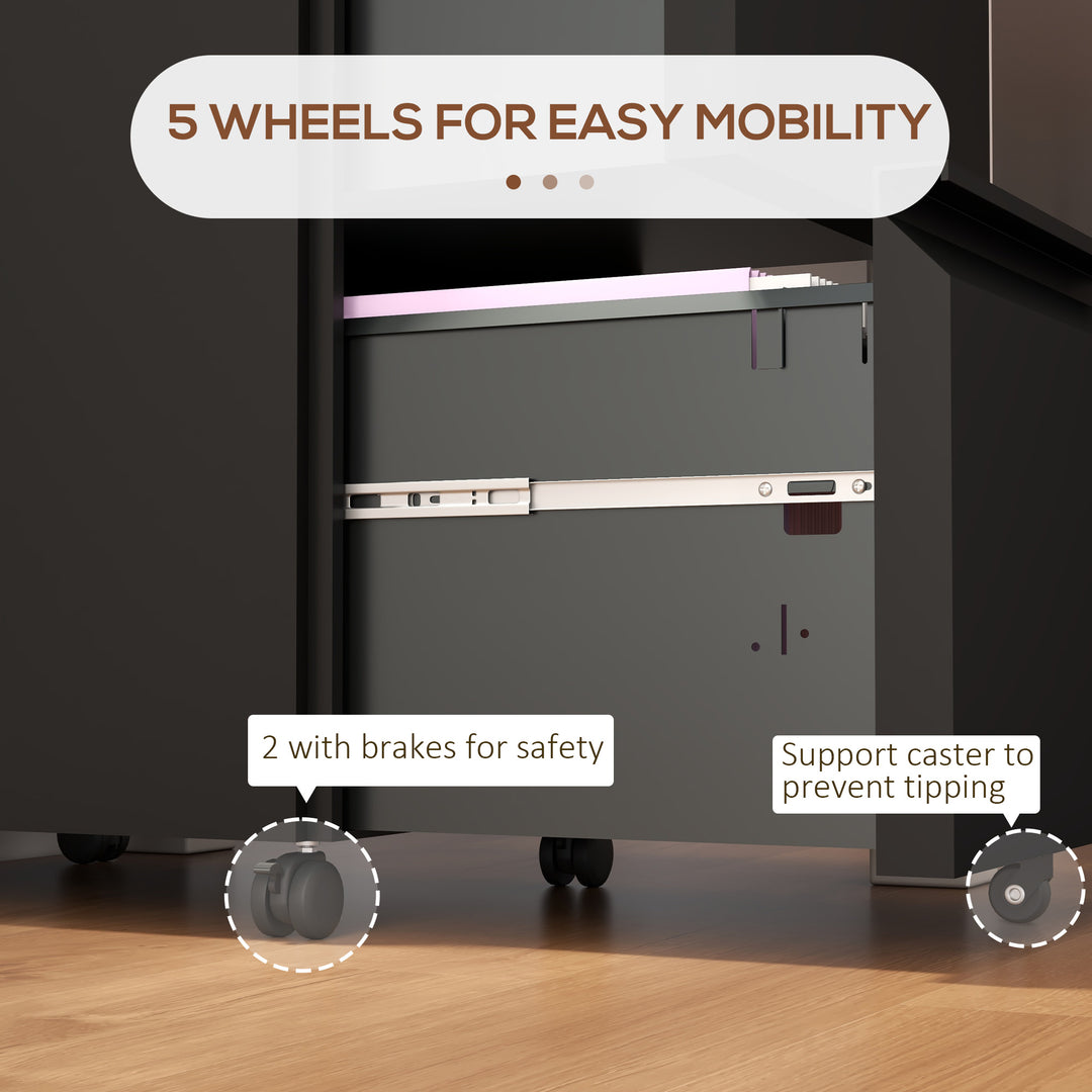 2-Drawer Mobile Filing Cabinet, Steel Lockable File Cabinet for Letter, A4 and Legal Size, Pre-Assembled Body, Black