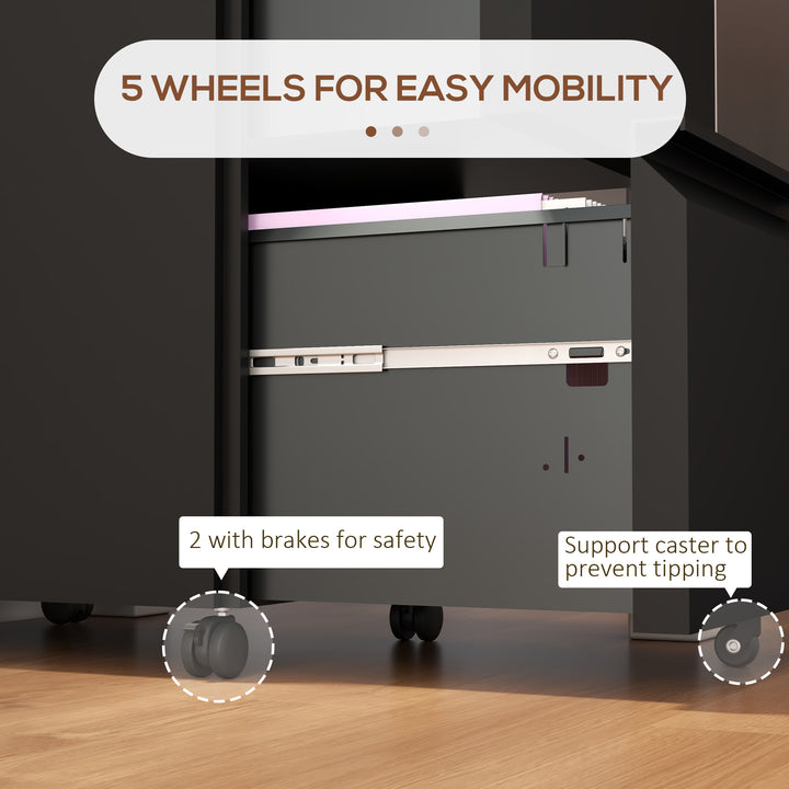 2-Drawer Mobile Filing Cabinet, Steel Lockable File Cabinet for Letter, A4 and Legal Size, Pre-Assembled Body, Black