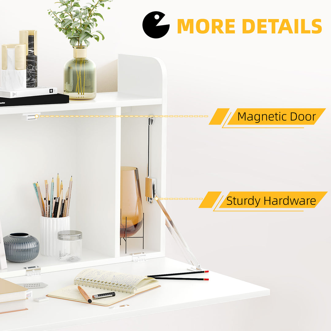 Wall Mounted Table, Drop Leaf Floating Laptop Desk with Space Saving Storage Compartments for Home Office and Study, 77cm x 20cm x 51cm, White