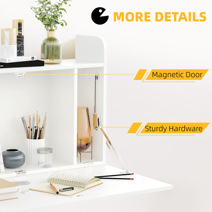 Wall Mounted Table, Drop Leaf Floating Laptop Desk with Space Saving Storage Compartments for Home Office and Study, 77cm x 20cm x 51cm, White