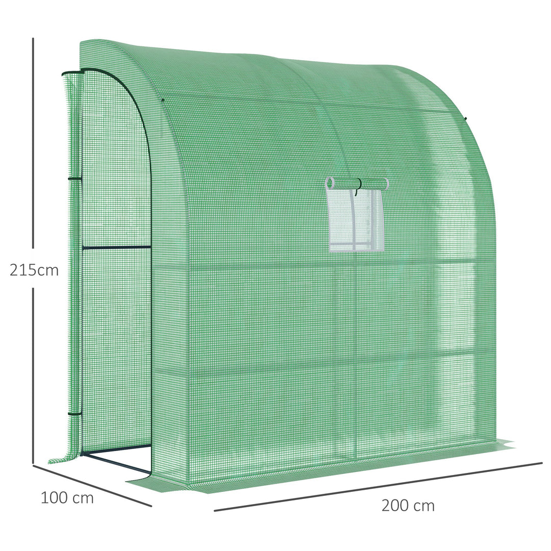 Walk-In Lean to Wall Greenhouse with Windows and Doors, Outdoor Green House with 3 Tiers 4 Wired Shelves, 200L x 100W x 215Hcm, Green