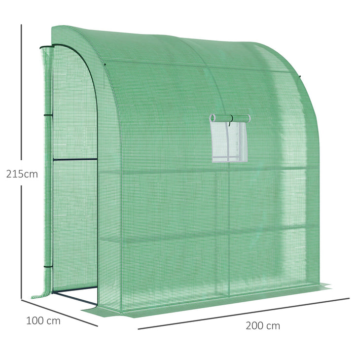 Walk-In Lean to Wall Greenhouse with Windows and Doors, Outdoor Green House with 3 Tiers 4 Wired Shelves, 200L x 100W x 215Hcm, Green