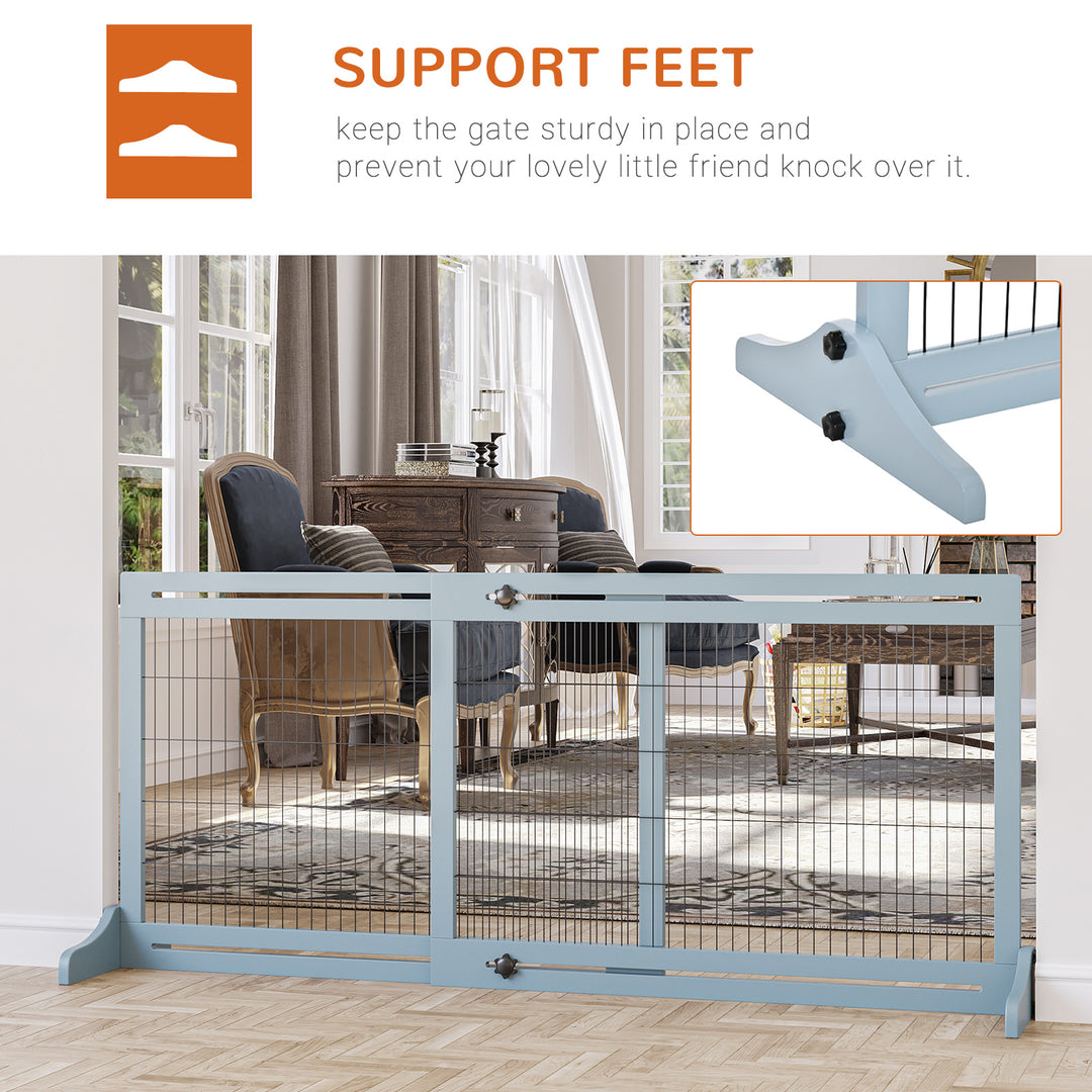 MCL Freestanding Dog Gate, Foldable Pet Fence, Indoor Wood Barrier, Stair Gate with Support Feet, for Doorway, Hallway, Small and Medium Dogs, 69H x 104-183 cm, Blue-grey