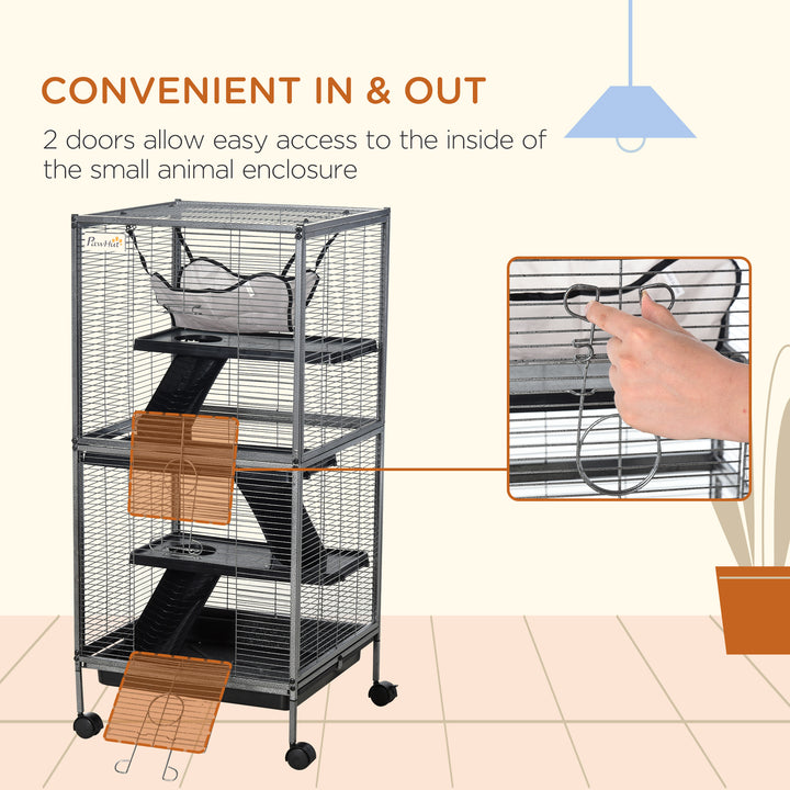 MCL Small Animal Cage with Wheels Pet Home for Chinchillas Ferrets Kittens, with Hammock, 4 Platforms, Removable Tray, Silver