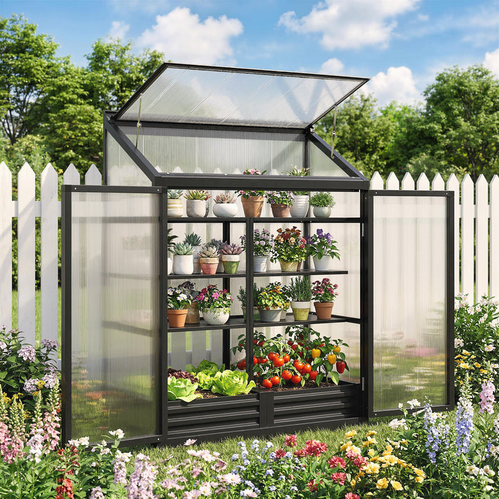 Polycarbonate Greenhouse with Hinged Door, Top Vent, Lean-to Green Hou