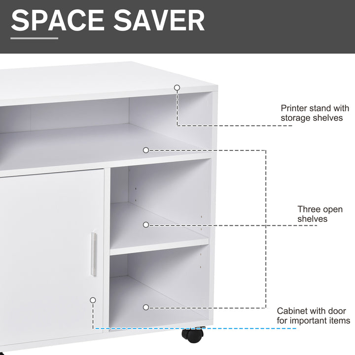 HOMCOM Mobile Printer Stand with Multiple Storage, Office Desk Side Unit on Wheels, Modern Design, 60L x 50W x 65.5H cm, White | Aosom UK