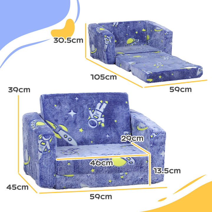 AIYAPLAY Childrens Sofa Beds 2 in 1 Kids Foldable Chair Bed with Glow in The Dark Cosmic Design, Washable Cushion and Cover, Blue | Aosom UK