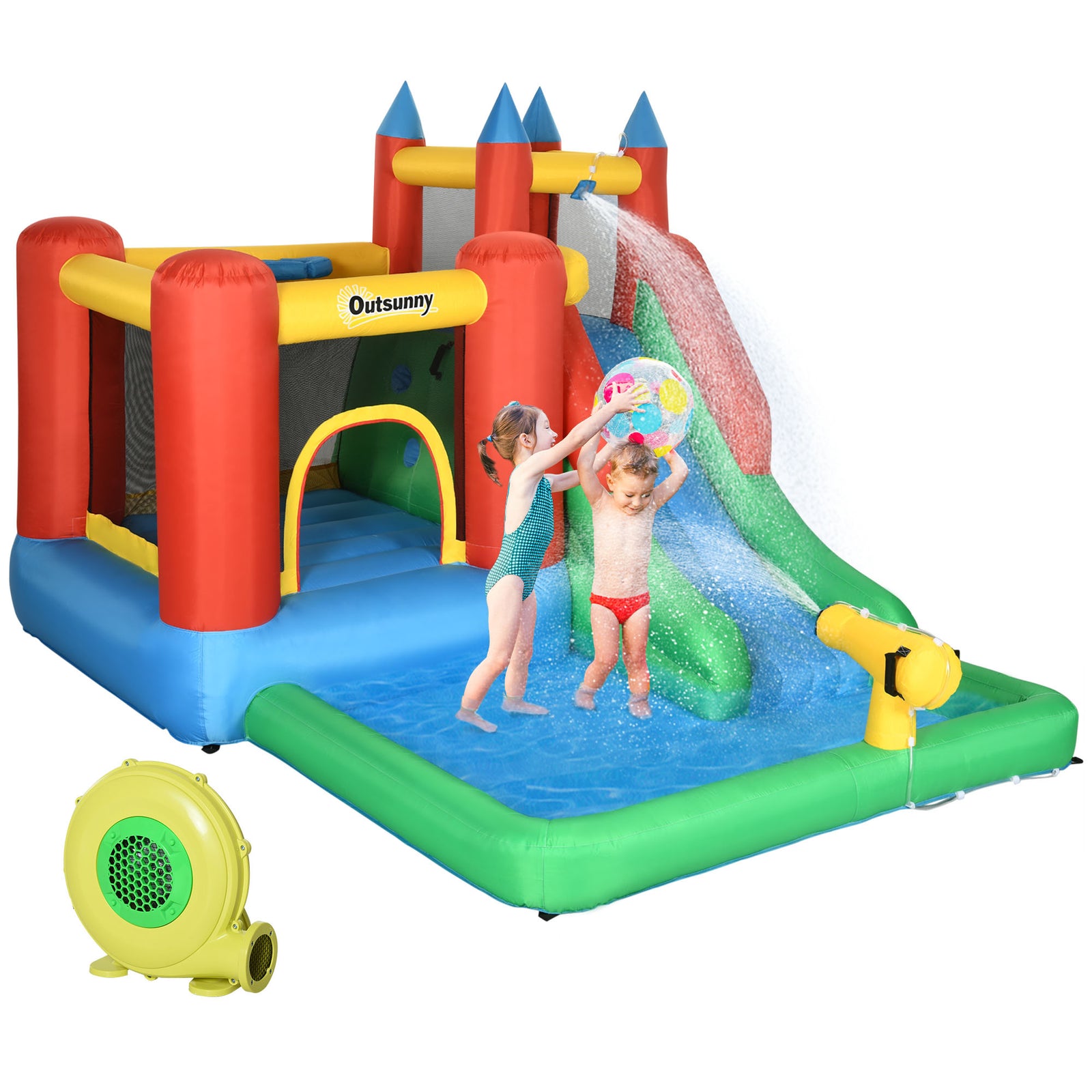 Kids Inflatable Bouncy Castle Water Slide 6 in 1 Bounce House Jumping Castle Water Pool Gun Climbing Wall Basketball Hoop with Air Blower for Summer Playland