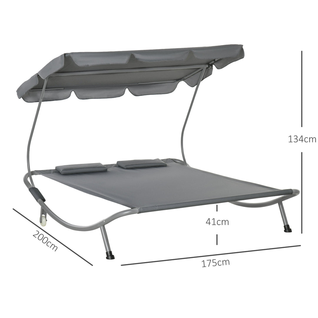 Double Sun Lounger with Adjustable Detachable Canopy, Portable Garden Daybed for 2 with Wheels, Outdoor Sunbed Hammock with 2 Pillows, 220 KG Max. Load, Grey