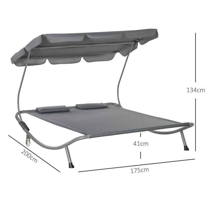 Double Sun Lounger with Adjustable Detachable Canopy, Portable Garden Daybed for 2 with Wheels, Outdoor Sunbed Hammock with 2 Pillows, 220 KG Max. Load, Grey