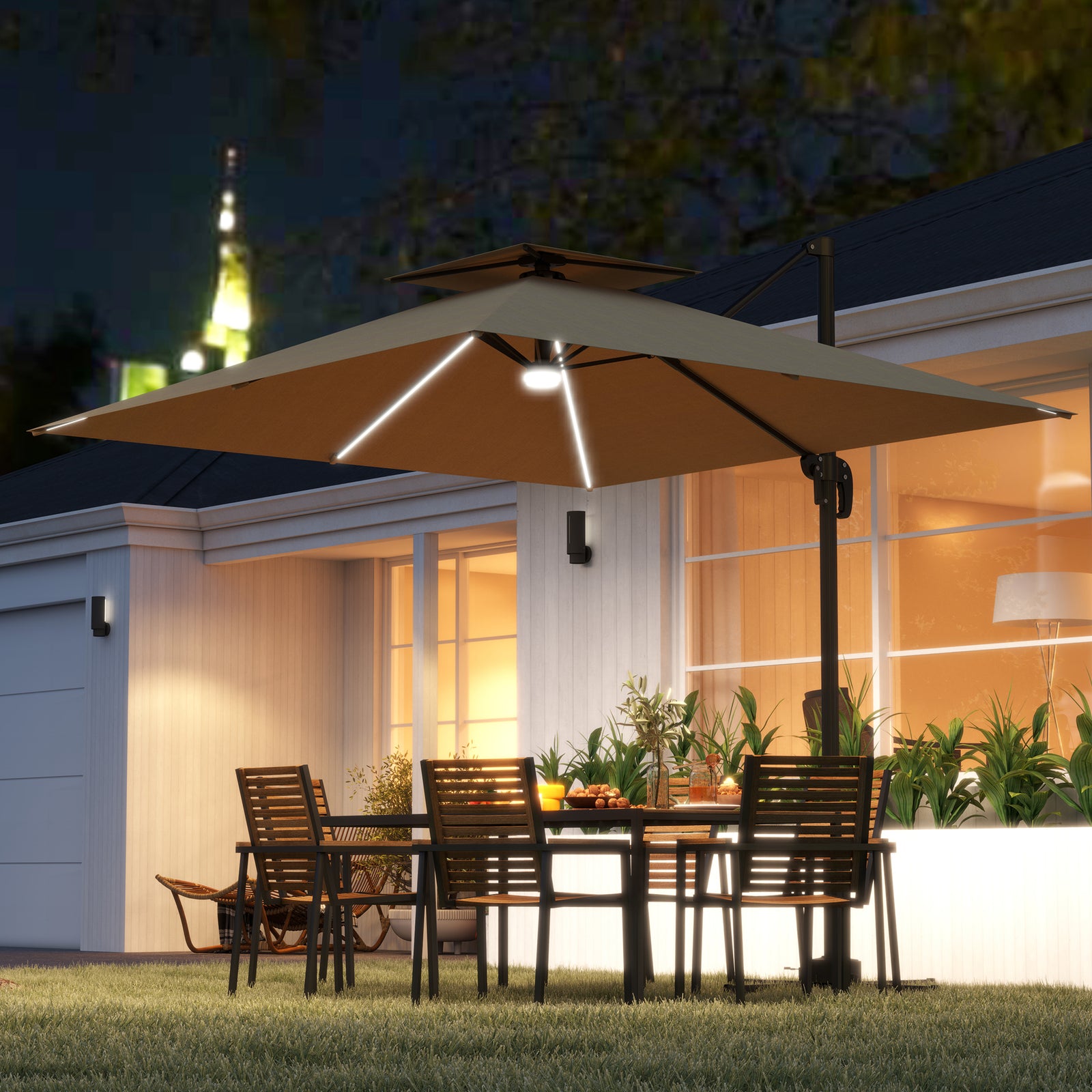 2.5m Cantilever Parasol with Solar Powered LED Lights, 360° Rotation, Tilt Adjustment, Crank Handle, Khaki