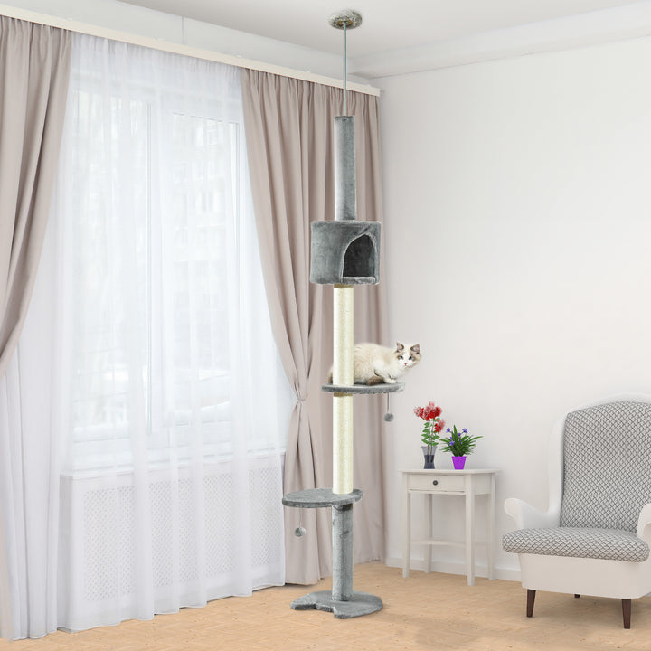 MCL Floor to Ceiling Cat Tree for Indoor Cats, Kitten Tower, Condo, Multi-Layer Activity Center, Indoor Pet Play House with Solid Scratching Post Hanging Balls, Light Grey