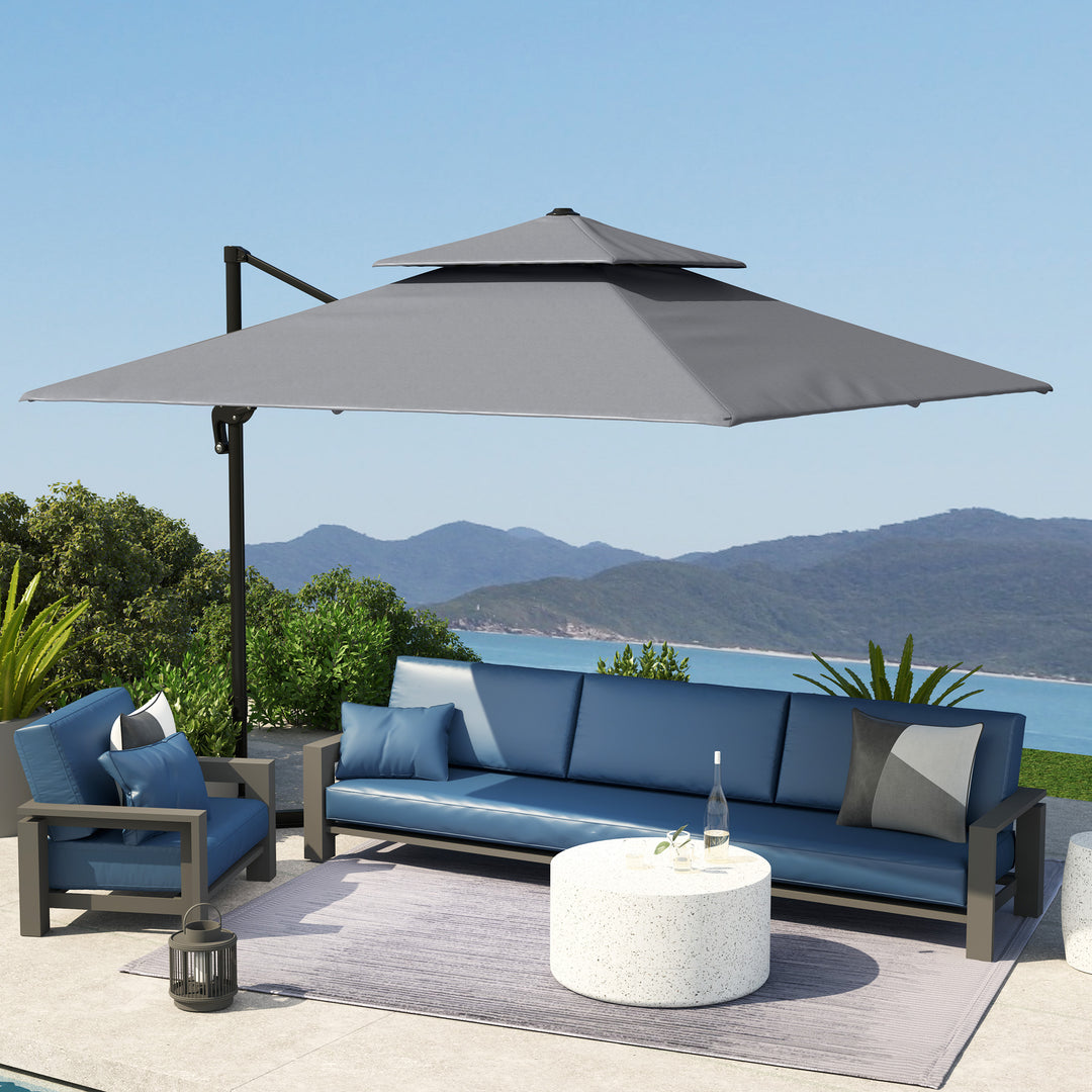 3 x 3(m) Cantilever Parasol with Aluminium Frame, Crank and Tilt, 360-Degree Rotation, Double Top Garden Umbrella with Cover (Only Cross Base), Light Grey