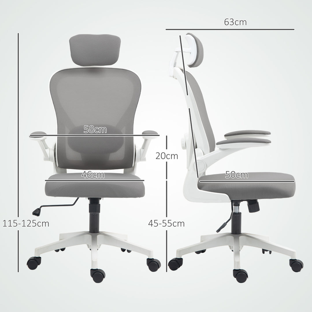 Executive Office Chair, Ergonomic Mesh High Back Desk Chair with Flip-up Armrest, Rotatable Headrest, Adjustable Lumbar Support for Home Study, Grey