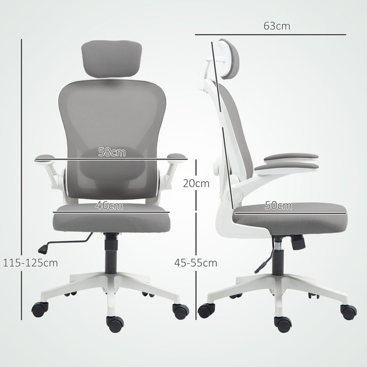 Executive Office Chair, Ergonomic Mesh High Back Desk Chair with Flip-up Armrest, Rotatable Headrest, Adjustable Lumbar Support for Home Study, Grey