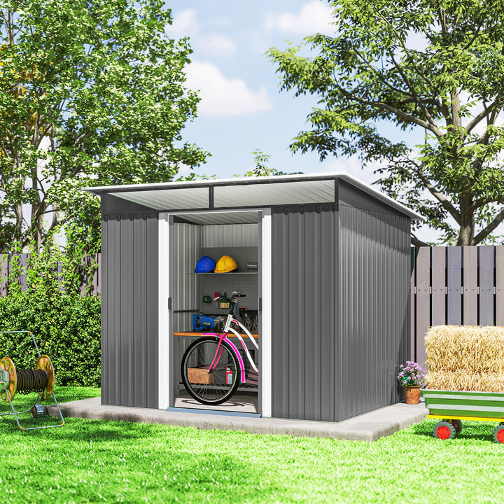 Garden Metal Storage Shed House Hut Gardening Tool Storage w/ Tilted Roof and Ventilation 8.5 x 6ft, Grey