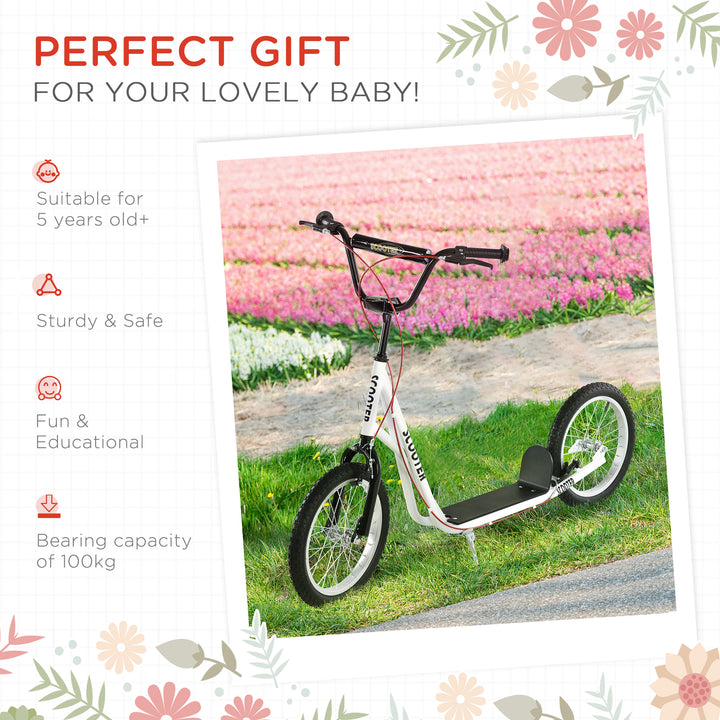 Kick Scooters for Kids with Adjustable Height, Anti-Slip Deck, Dual Brakes, Rubber Tyres, for Boys and Girls Aged 5+ Years Old - White