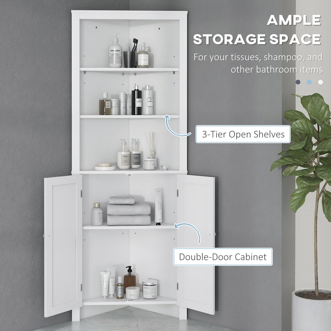 kleankin Triangle Bathroom Cabinet, Corner Bathroom Storage Unit with Cupboard and 3-Tier Shelves, Free Standing, White | Aosom UK