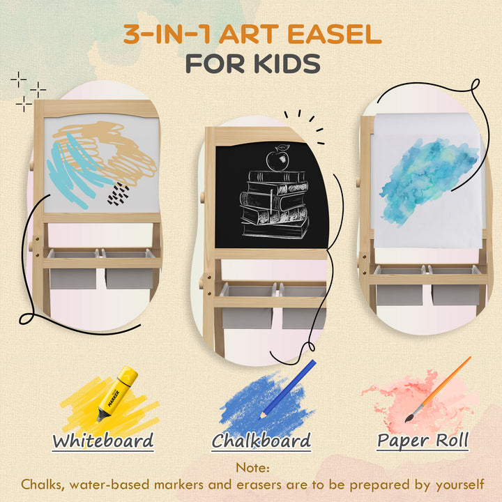 AIYAPLAY Kids Easel with Paper Roll, 3 in 1 Art Easel for Toddlers, Double-Sided Kids Whiteboard Blackboard w/ Storage Baskets, 3-6 Years | Aosom UK