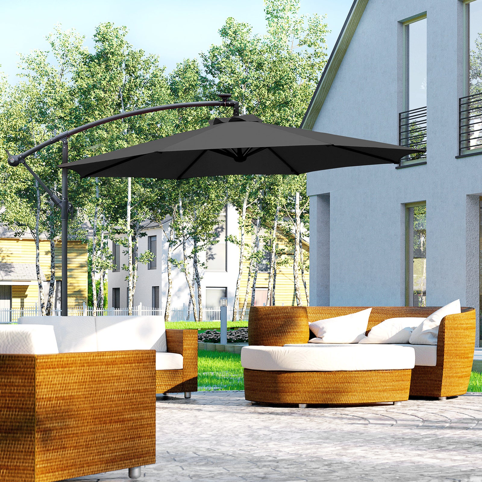 3m LED Patio Banana Umbrella Cantilever Parasol w/ Crank Cross Base Hanging Offset Umbrella Frame Steel Aluminium Garden Table Outdoor Black