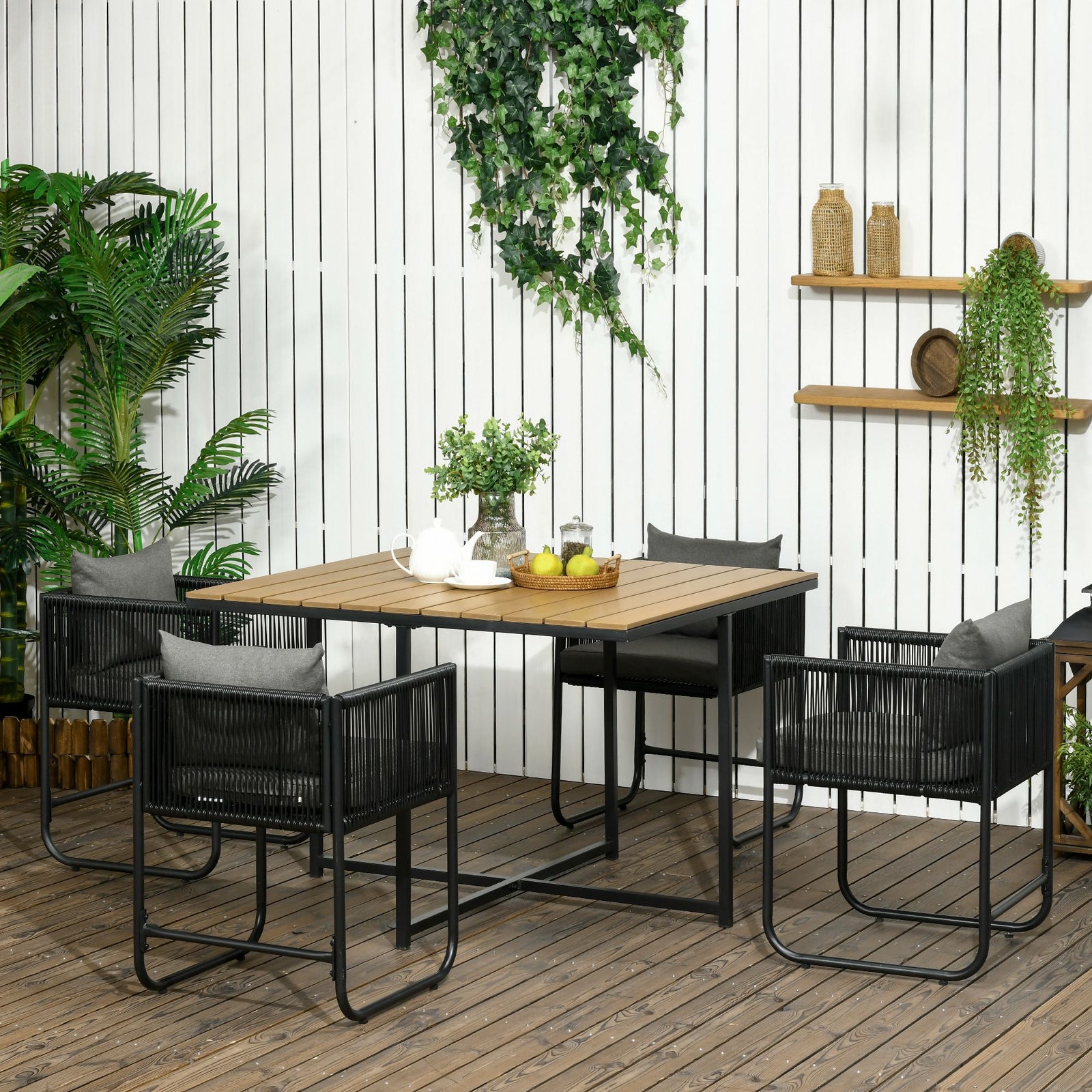 4 Seater Rattan Cube Garden Furniture Set, Rattan Dining Set with Cushions, Outdoor Dining Table and Chairs with Rectangular Wood Grain Plastic Top Table for Patio, Balcony, Black