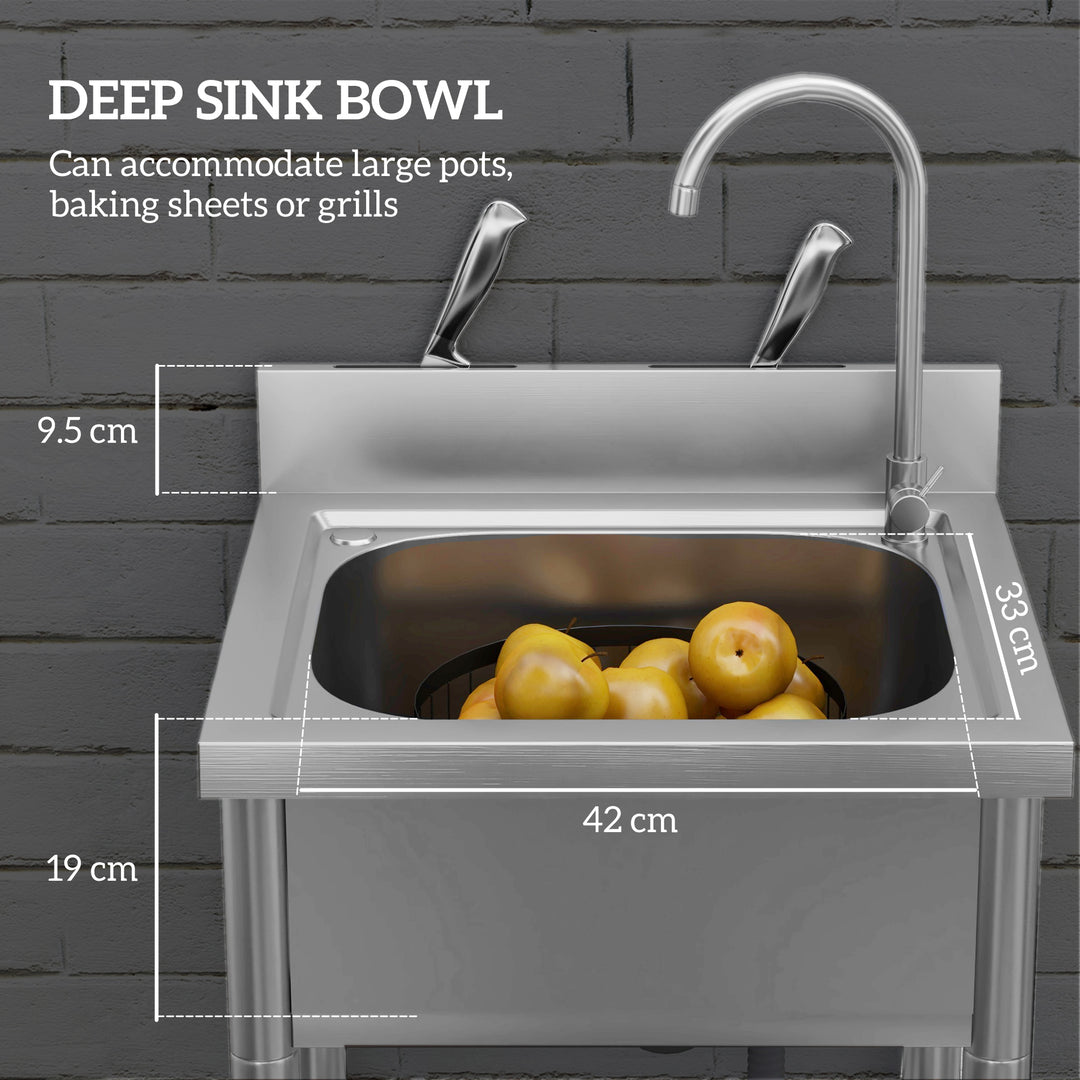 Outdoor Utility Sink, Stainless Steel Free Standing Single Bowl Kitchen Sink with Cold and Hot Water Pipe and Storage Shelf for Laundry Garage, 55 x 50 x 100 cm
