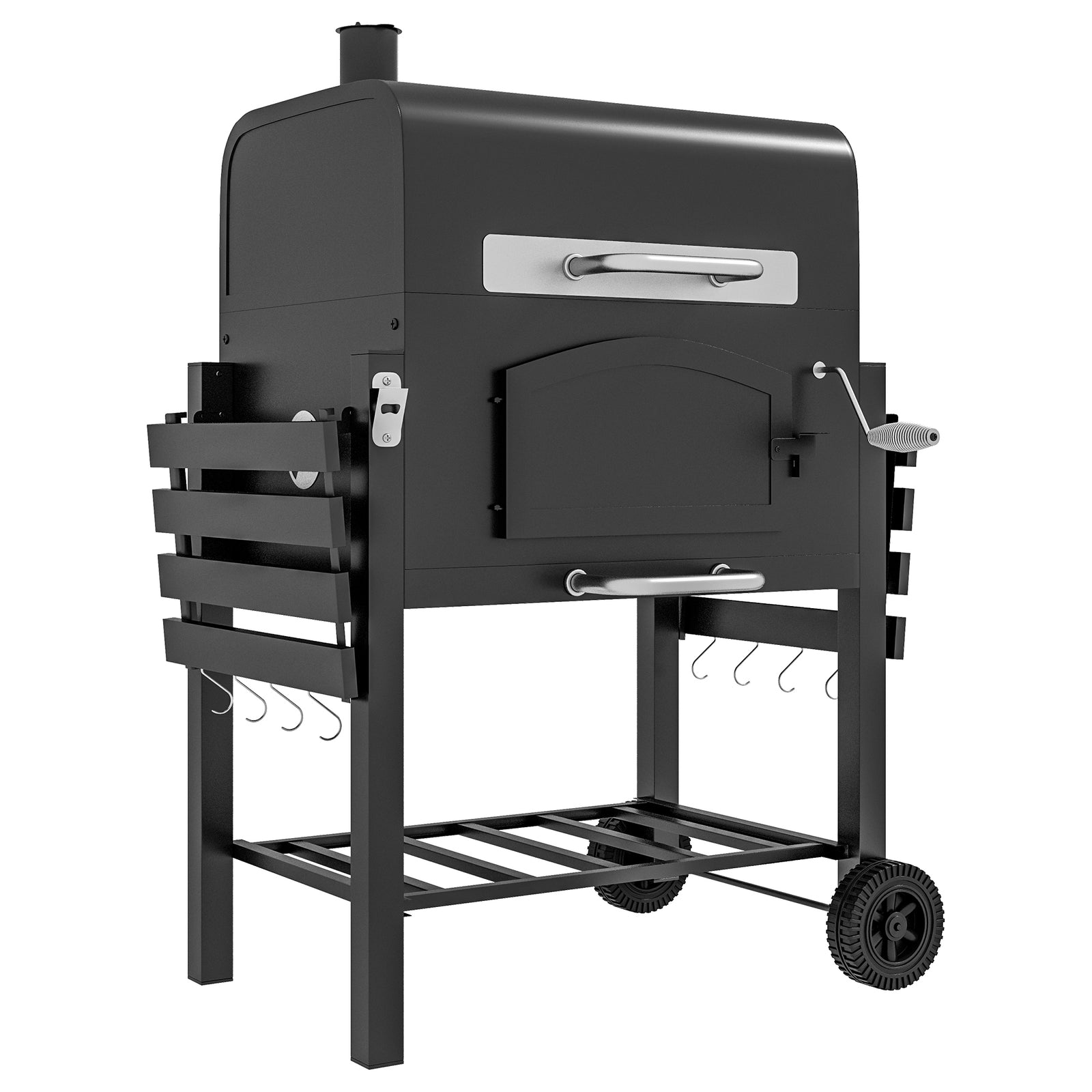 Charcoal Barbecue Grill Trolley Garden Smoker with Shelves, Adjustable Height, Thermometer on Lid, Opener and Wheels