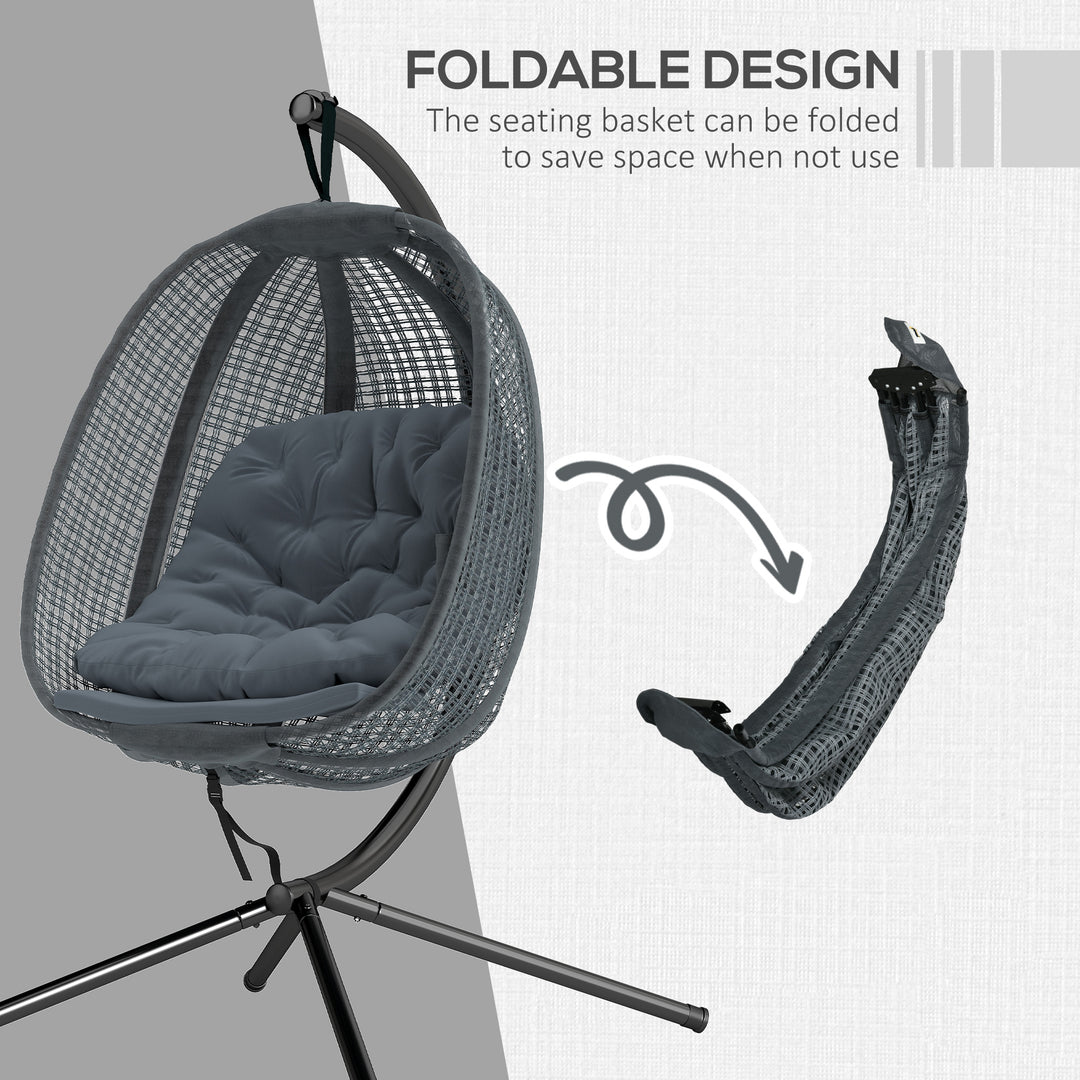 Outdoor Swing Chair with Thick Padded Cushion, Patio Hanging Chair with Metal Stand, Egg Chair with Foldable Basket, Cup Holder, for Indoor and Outdoor, Dark Grey
