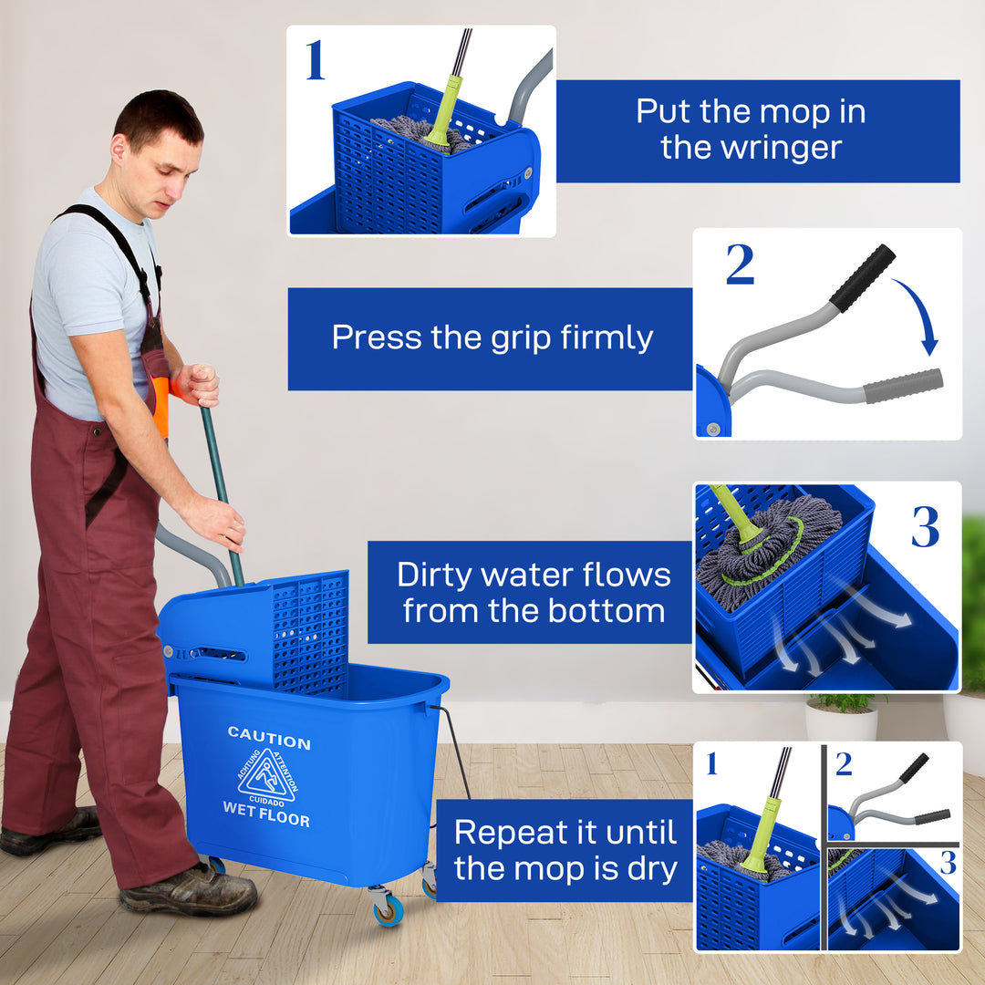 20L Compact Mop Bucket on Wheels, with Water Separation Panel - Blue