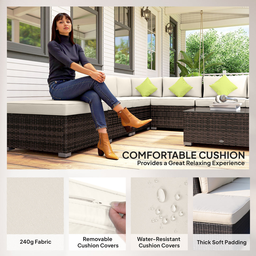 MCL 8 Piece Rattan Corner Sofa Set with Wide & Deep Seat, Assembled Aluminium PE Rattan Garden Furniture Set with Thick Cushions and Glass Top Table for Outdoor, Conservatory, Mixed Brown