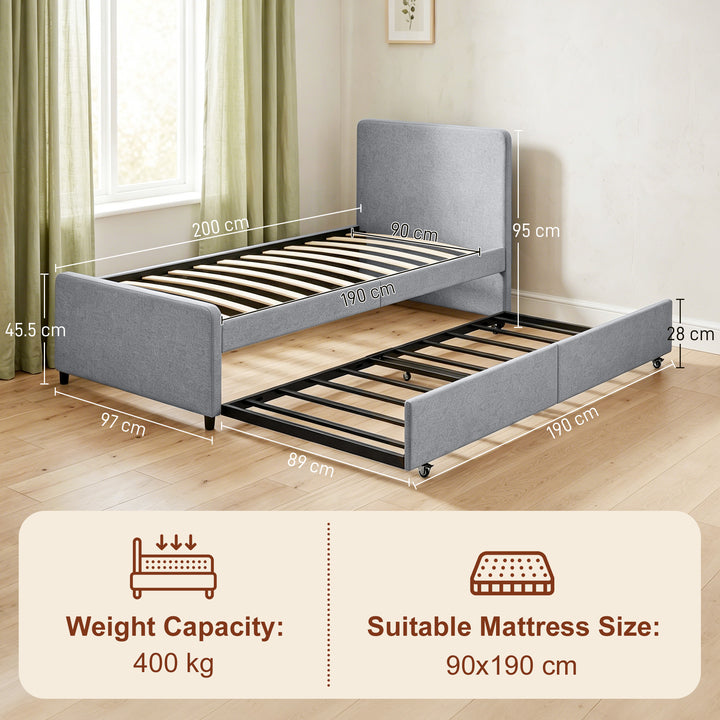 3ft Single Bed Frame with Trundle, Upholstered Pull Out Trundle Bed wi