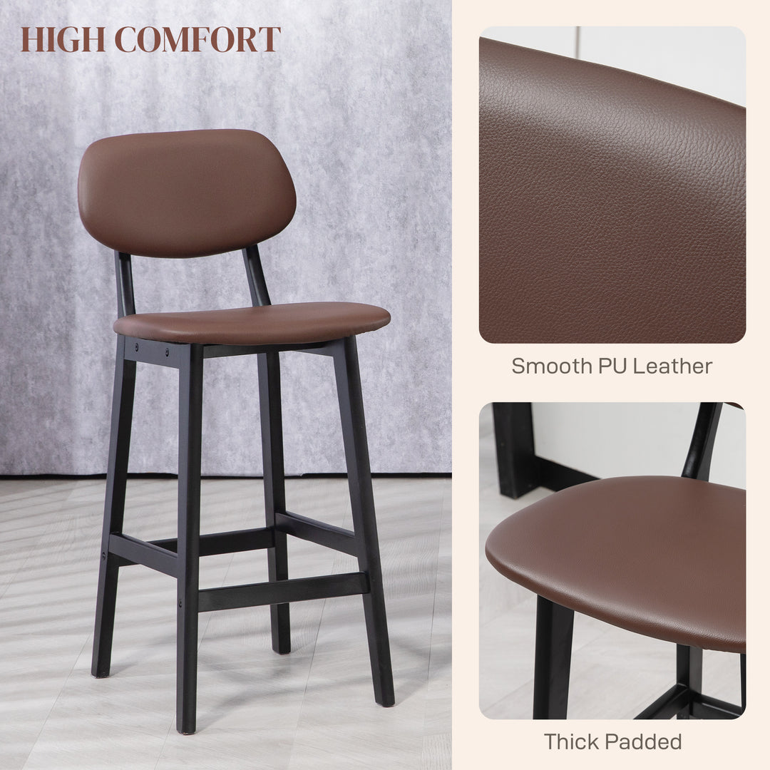 HOMCOM Bar Stools Set of 2, Modern Breakfast Bar Chairs, Faux Leather Upholstered Kitchen Stools with Backs and Wood Legs, Brown | Aosom UK