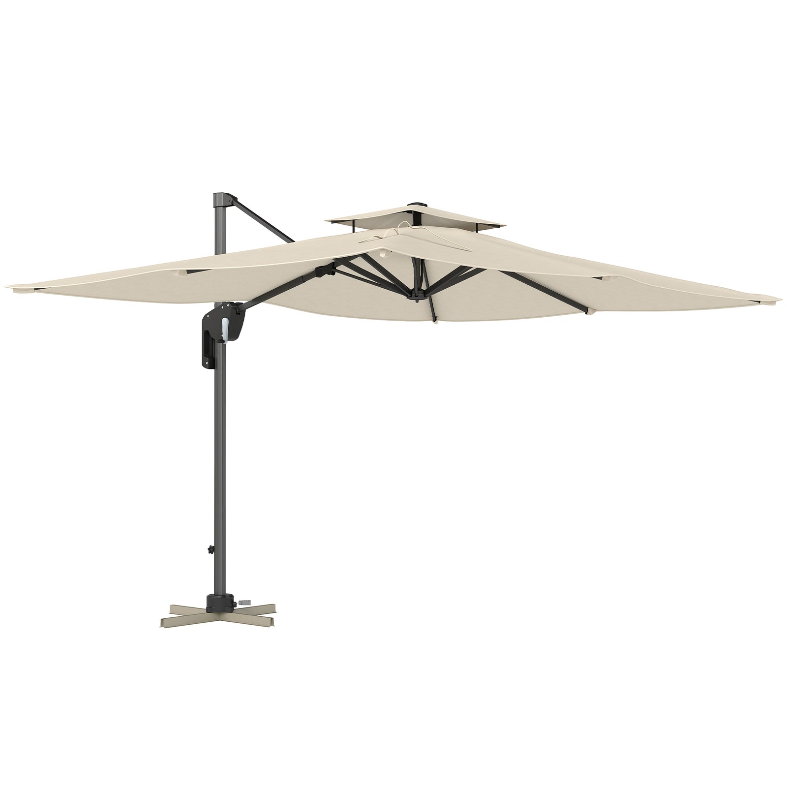 3.7 x 2.7 m Cantilever Parasol w/ 360° Rotation and Easy Tilt Adjustment, Aluminium Hanging Offset Outdoor Umbrella w/ Double Top, Cross Base, UPF50+ Hanging Sun Shade, Black Pole
