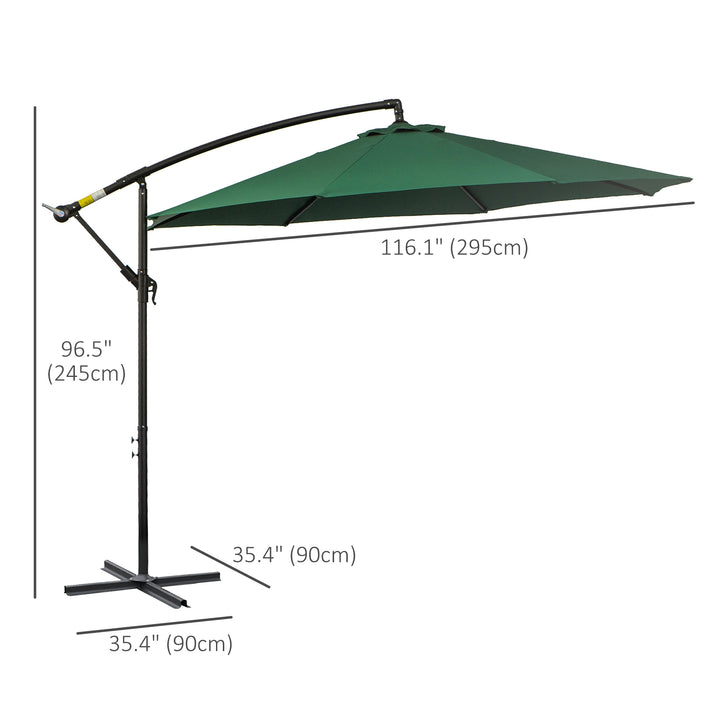 3(m) Banana Parasol Hanging Cantilever Umbrella with Crank Handle, 8 Ribs and Cross Base for Outdoor, Sun Shade, Dark Green